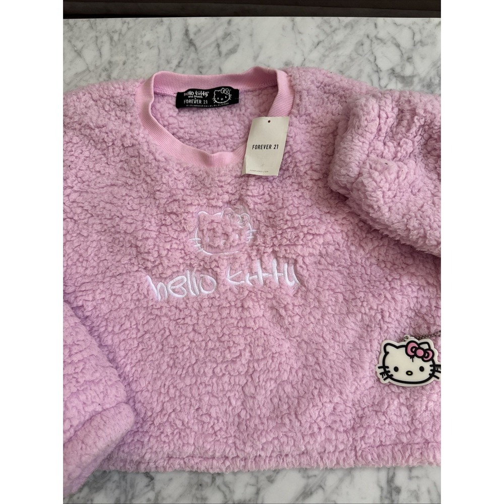 Hello Kitty x Forever 21 Pink Sherpa Fleece Cropped Sweatshirt NWT Large
